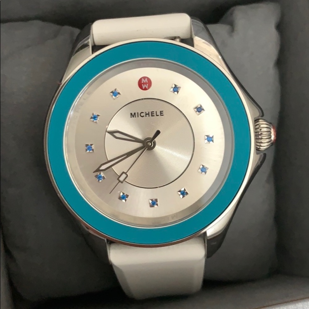 Michele silver watch white band, teal accents